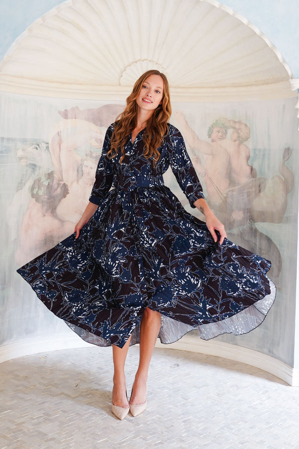 Terry Dress Shirt Collar 3/4 Sleeve Midi Plus Length Poliamide Taffta (Primavery Silhouette Ground)