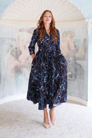 Terry Dress Shirt Collar 3/4 Sleeve Midi Plus Length Poliamide Taffta (Primavery Silhouette Ground)