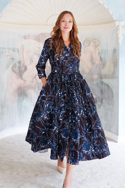 Terry Dress Shirt Collar 3/4 Sleeve Midi Plus Length Poliamide Taffta (Primavery Silhouette Ground)