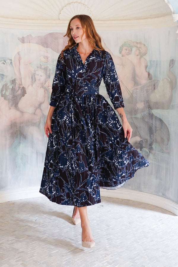 Terry Dress Shirt Collar 3/4 Sleeve Midi Plus Length Poliamide Taffta (Primavery Silhouette Ground)