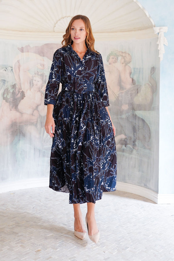 Terry Dress Shirt Collar 3/4 Sleeve Midi Plus Length Poliamide Taffta (Primavery Silhouette Ground)