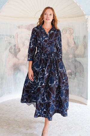 Terry Dress Shirt Collar 3/4 Sleeve Midi Plus Length Poliamide Taffta (Primavery Silhouette Ground)