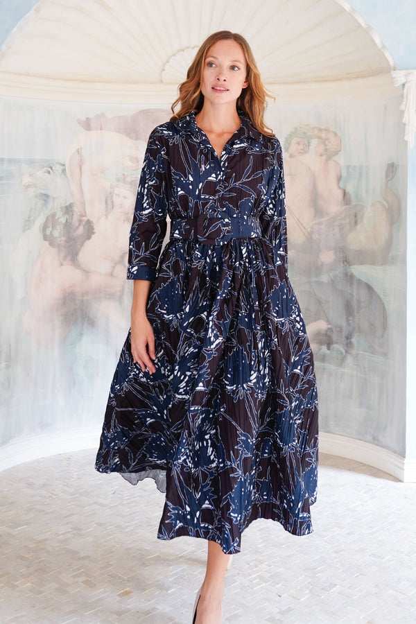 Terry Dress Shirt Collar 3/4 Sleeve Midi Plus Length Poliamide Taffta (Primavery Silhouette Ground)