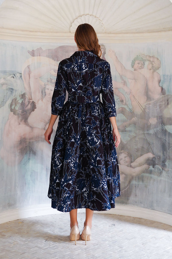 Terry Dress Shirt Collar 3/4 Sleeve Midi Plus Length Poliamide Taffta (Primavery Silhouette Ground)