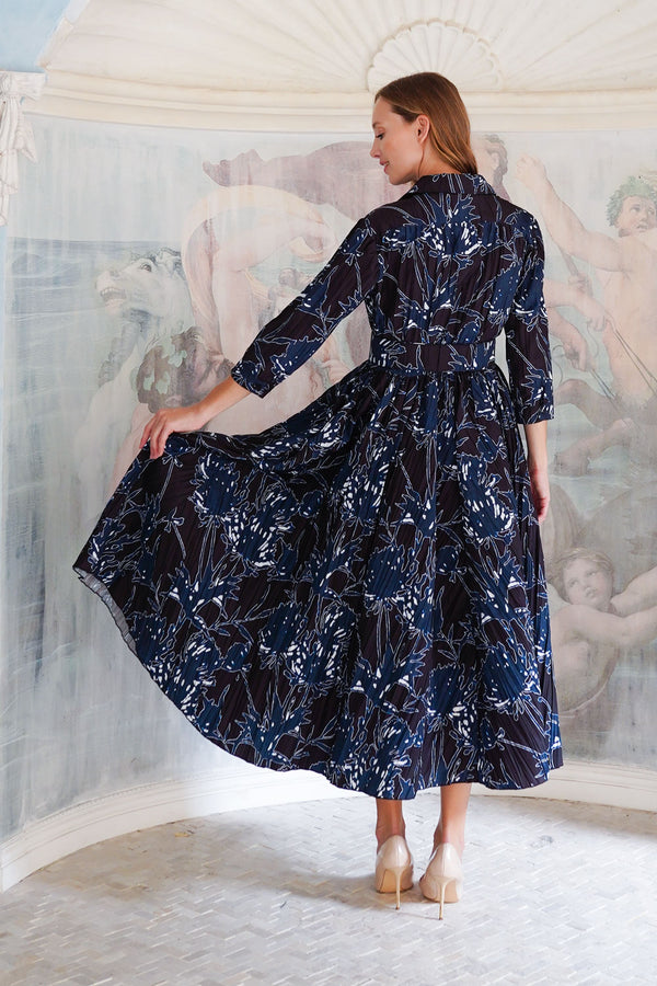 Terry Dress Shirt Collar 3/4 Sleeve Midi Plus Length Poliamide Taffta (Primavery Silhouette Ground)