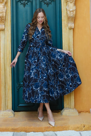 Terry Dress Shirt Collar 3/4 Sleeve Midi Plus Length Poliamide Taffta (Primavery Silhouette Ground)