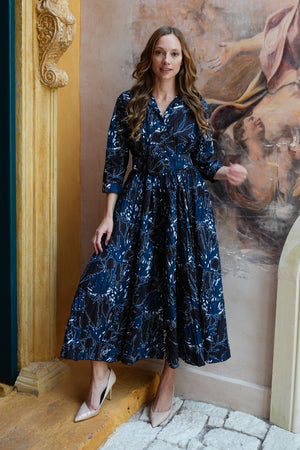 Terry Dress Shirt Collar 3/4 Sleeve Midi Plus Length Poliamide Taffta (Primavery Silhouette Ground)