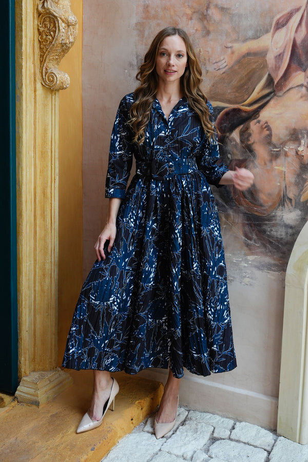 Terry Dress Shirt Collar 3/4 Sleeve Midi Plus Length Poliamide Taffta (Primavery Silhouette Ground)