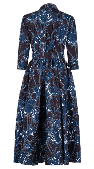 Terry Dress Shirt Collar 3/4 Sleeve Midi Plus Length Silk Taffta (Primavery Silhouette Ground)