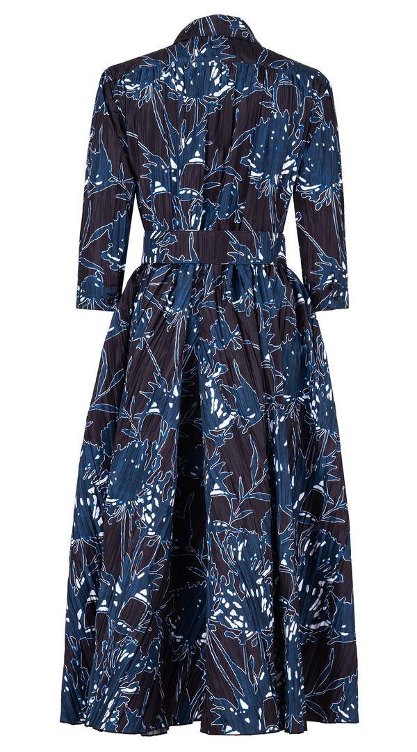 Terry Dress Shirt Collar 3/4 Sleeve Midi Plus Length Silk Taffta (Primavery Silhouette Ground)