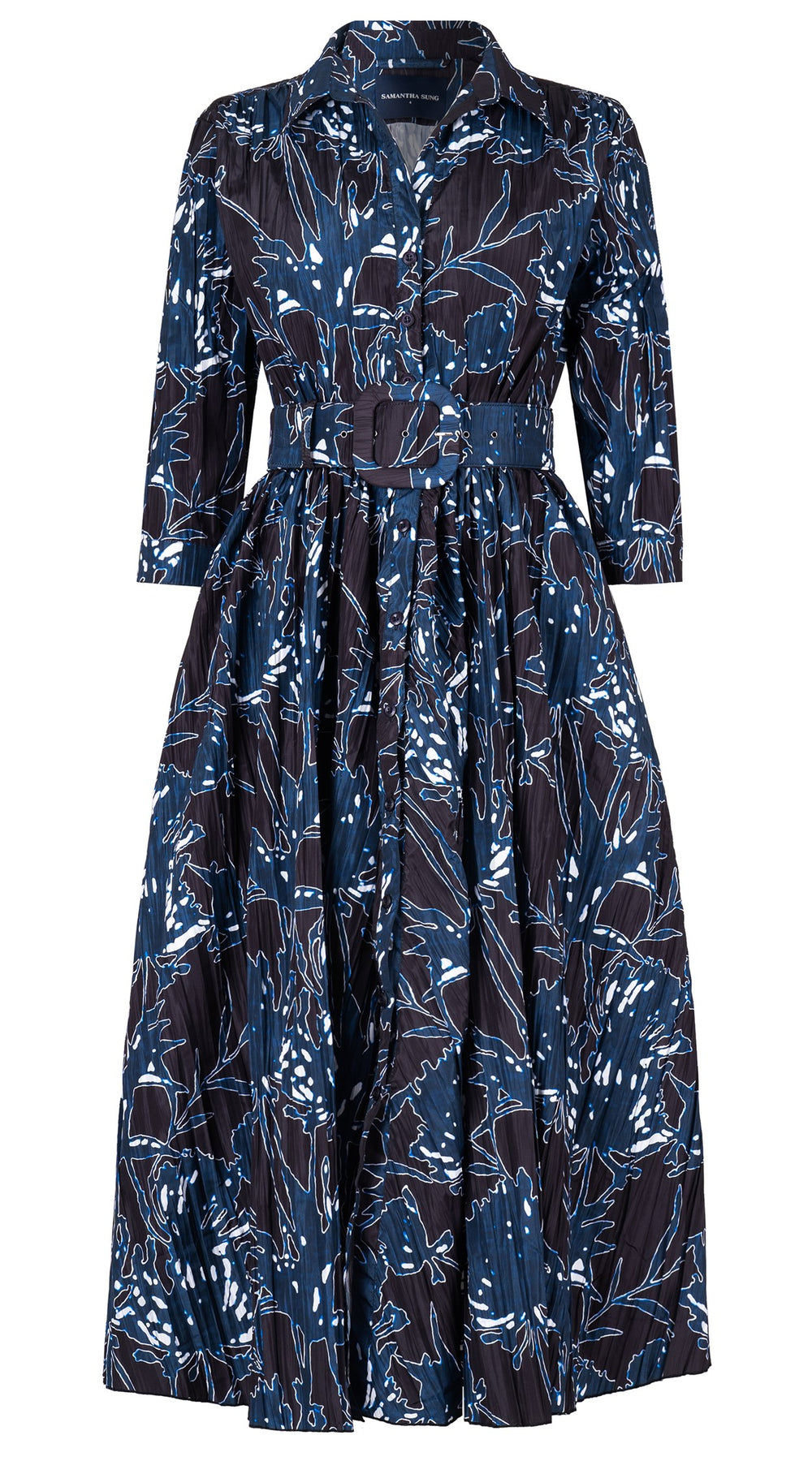 Terry Dress Shirt Collar 3/4 Sleeve Midi Plus Length Silk Taffta (Primavery Silhouette Ground)