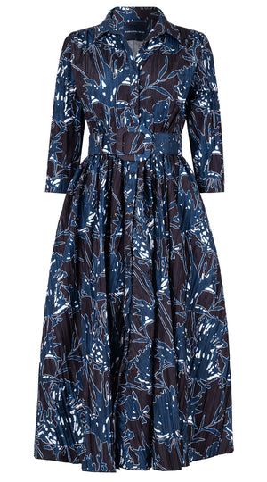 Terry Dress Shirt Collar 3/4 Sleeve Midi Plus Length Silk Taffta (Primavery Silhouette Ground)