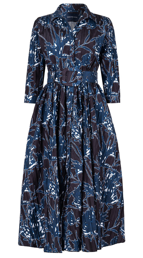 Terry Dress Shirt Collar 3/4 Sleeve Midi Plus Length Silk Taffta (Primavery Silhouette Ground)