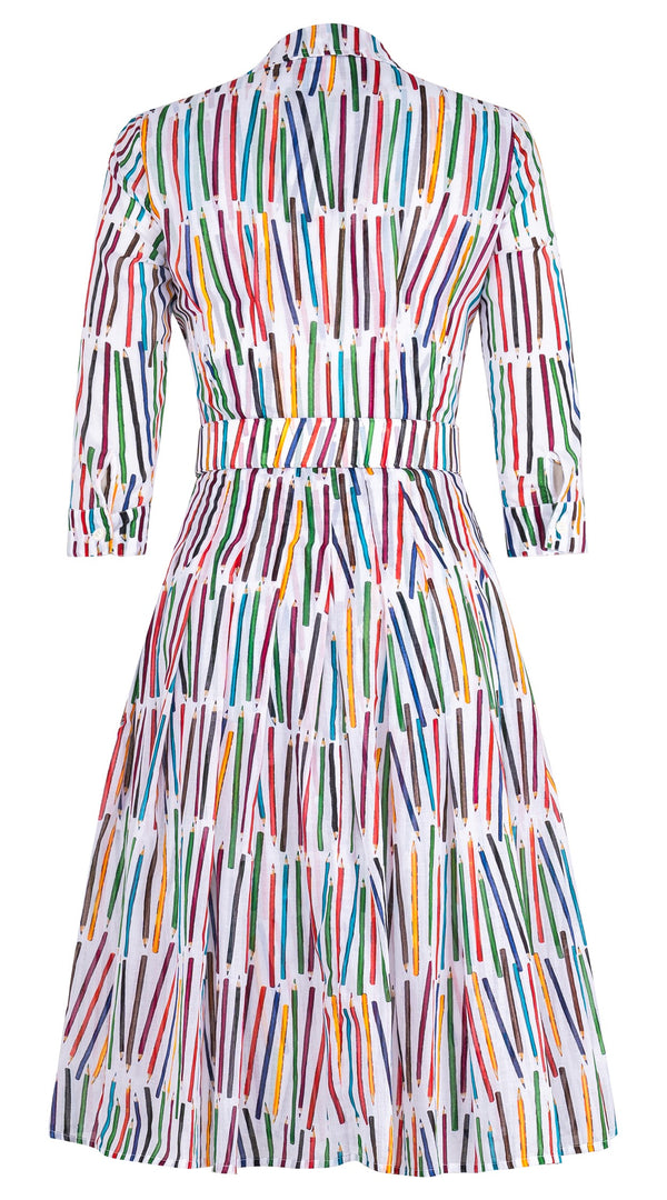 Audrey Dress #4 Shirt Collar 3/4 Sleeve Long Length Cotton Musola (Prisma Pencil All Over Big)
