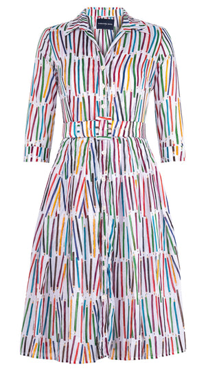 Audrey Dress #4 Shirt Collar 3/4 Sleeve Long Length Cotton Musola (Prisma Pencil All Over Big)