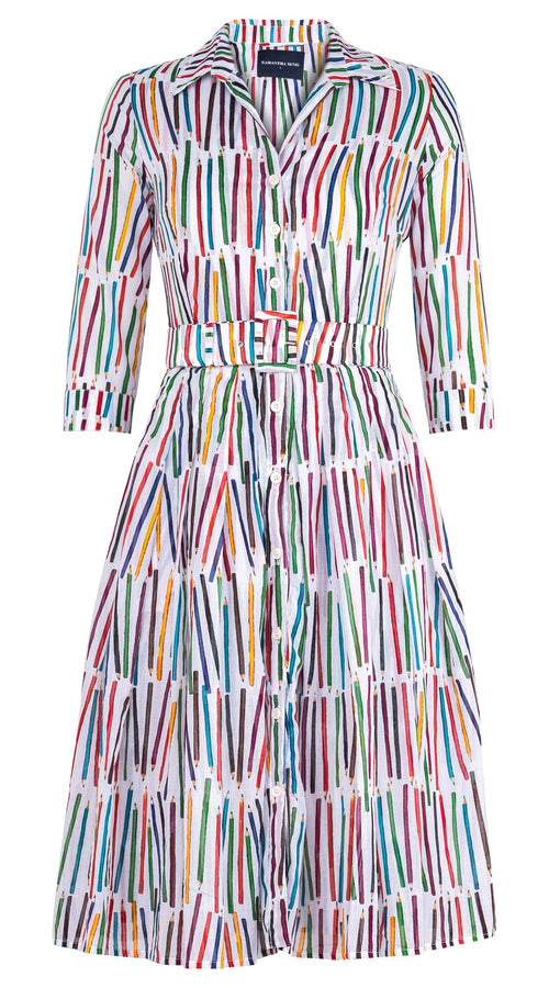 Audrey Dress #4 Shirt Collar 3/4 Sleeve Long Length Cotton Musola (Prisma Pencil All Over Big)