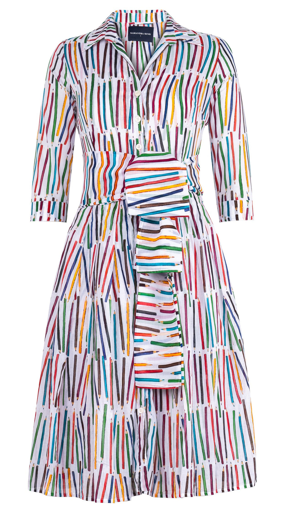 Audrey Dress #4 Shirt Collar 3/4 Sleeve Long Length Cotton Musola (Prisma Pencil All Over Big)