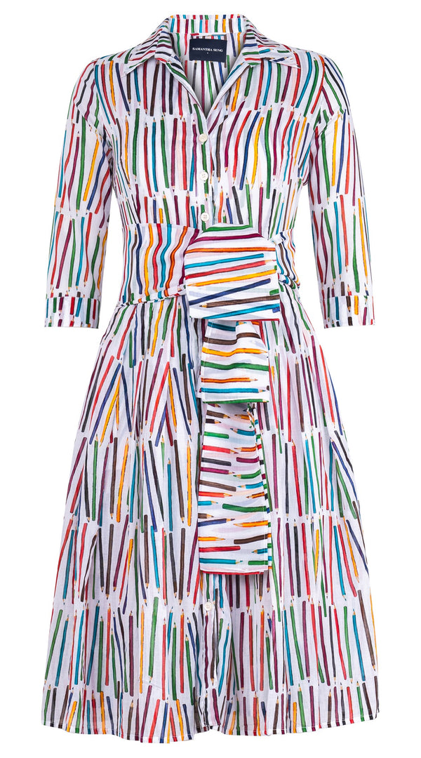 Audrey Dress #4 Shirt Collar 3/4 Sleeve Long Length Cotton Musola (Prisma Pencil All Over Big)