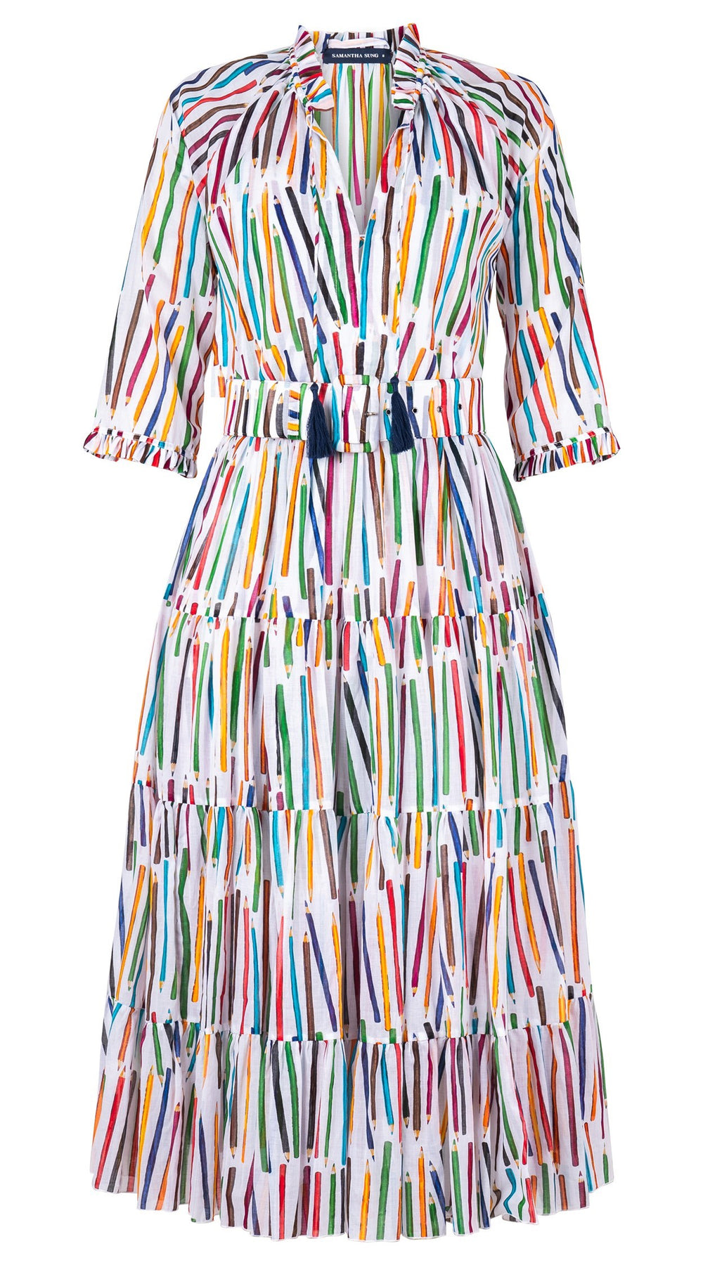 Eva Dress Crew Neck 3/4 Sleeve Midi Length Cotton Musola (Prisma Pencil)