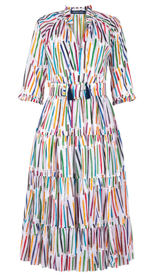 Eva Dress Crew Neck 3/4 Sleeve Midi Length Cotton Musola (Prisma Pencil)