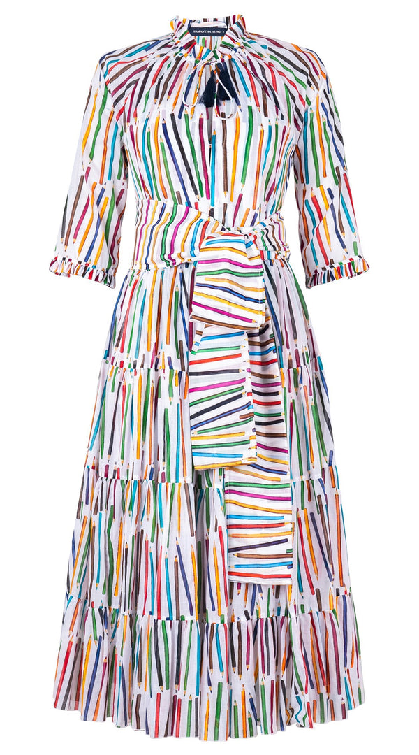 Eva Dress Crew Neck 3/4 Sleeve Midi Length Cotton Musola (Prisma Pencil)