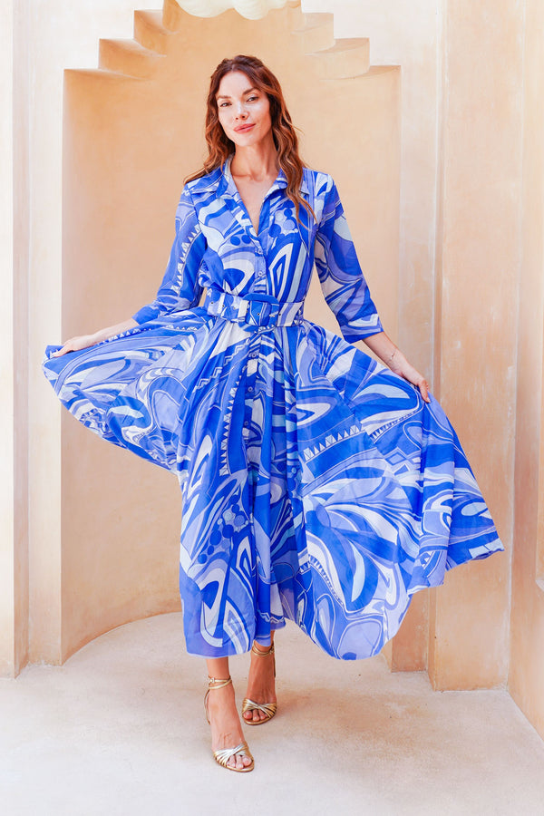 Aster Dress Shirt Collar 3/4 Sleeve Midi Length Cotton Musola (Pucciesque Africani)