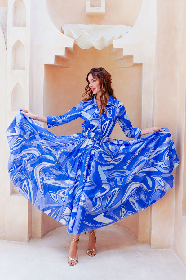 Aster Dress Shirt Collar 3/4 Sleeve Midi Length Cotton Musola (Pucciesque Africani)