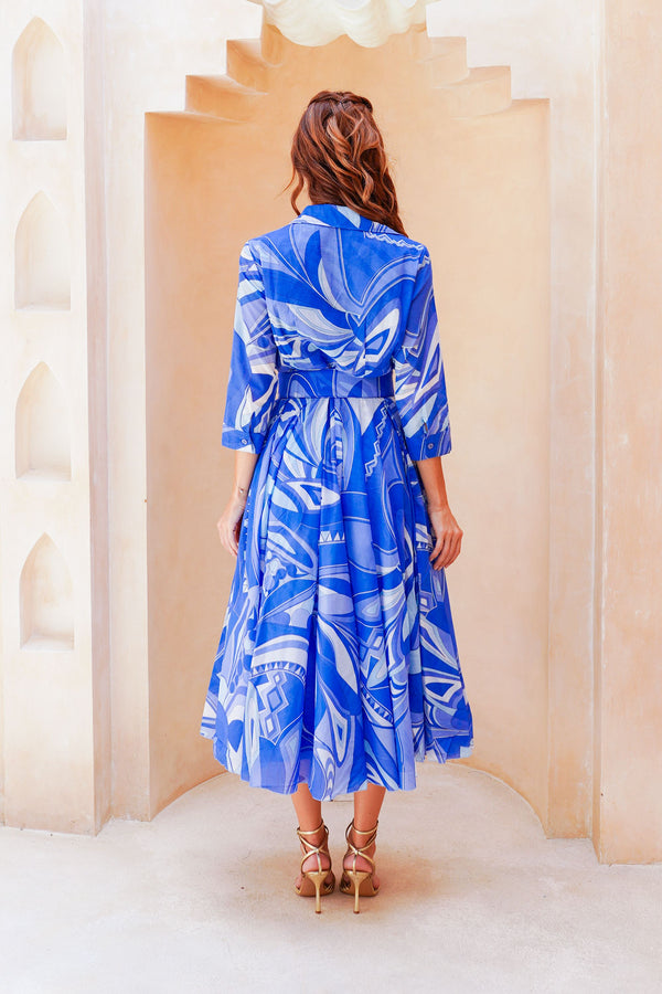 Aster Dress Shirt Collar 3/4 Sleeve Midi Length Cotton Musola (Pucciesque Africani)