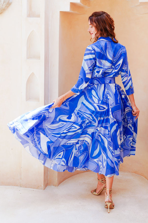 Aster Dress Shirt Collar 3/4 Sleeve Midi Length Cotton Musola (Pucciesque Africani)