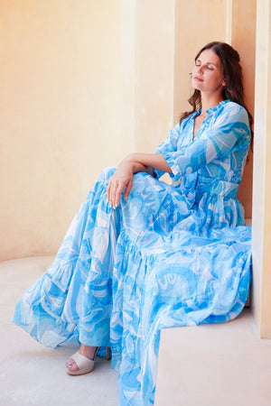 Eva Dress Crew Neck 3/4 Sleeve Maxi Length Cotton Musola (Pucciesque Graphic)