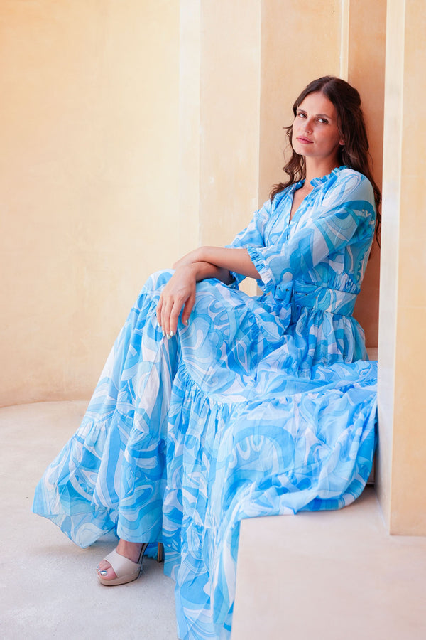 Eva Dress Crew Neck 3/4 Sleeve Maxi Length Cotton Musola (Pucciesque Graphic)