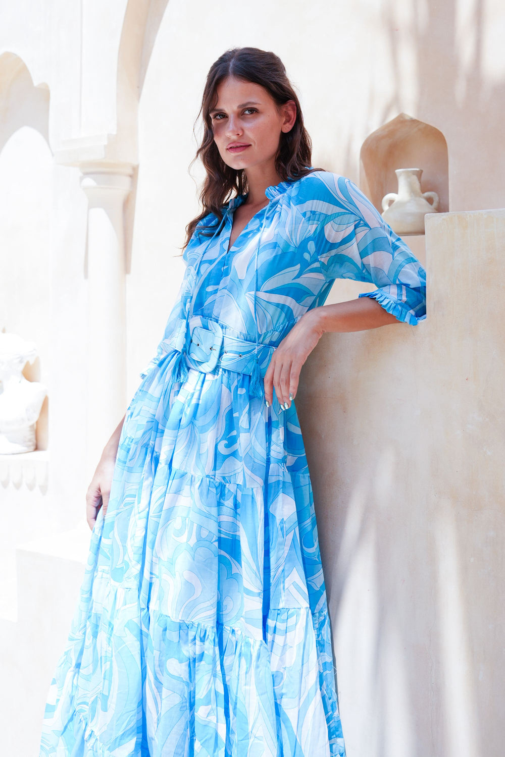 Eva Dress Crew Neck 3/4 Sleeve Maxi Length Cotton Musola (Pucciesque Graphic)