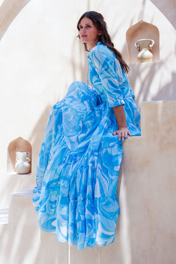 Eva Dress Crew Neck 3/4 Sleeve Maxi Length Cotton Musola (Pucciesque Graphic)