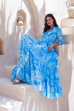 Eva Dress Crew Neck 3/4 Sleeve Maxi Length Cotton Musola (Pucciesque Graphic)