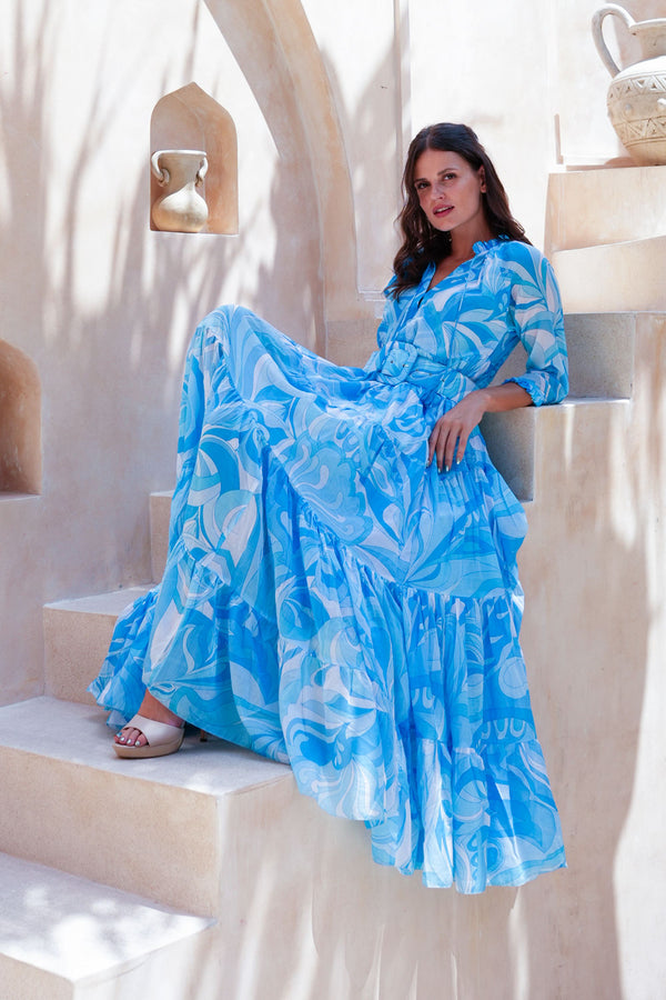 Eva Dress Crew Neck 3/4 Sleeve Maxi Length Cotton Musola (Pucciesque Graphic)