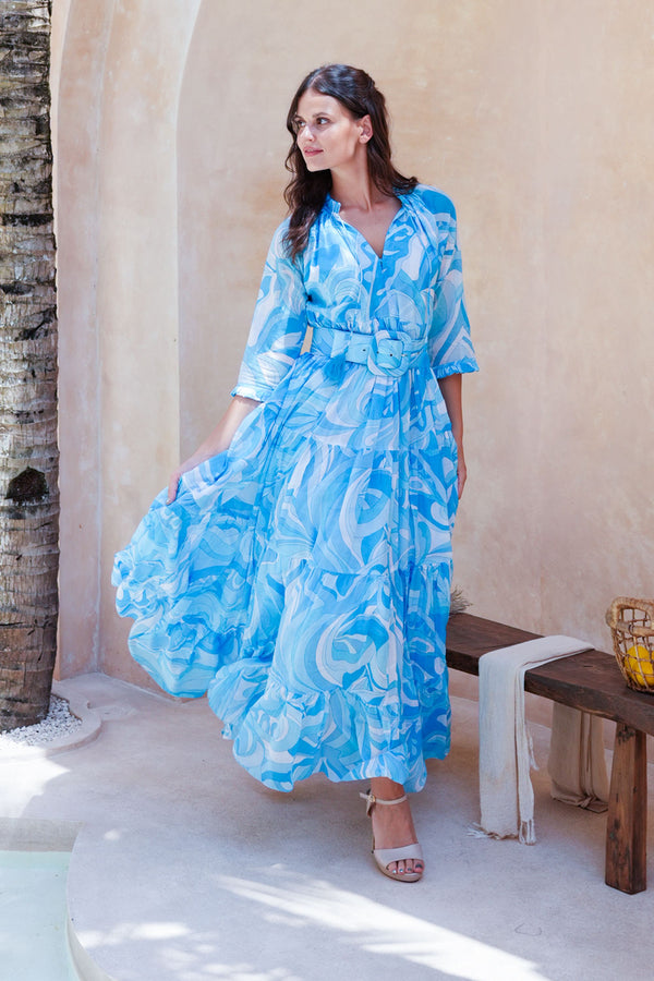 Eva Dress Crew Neck 3/4 Sleeve Maxi Length Cotton Musola (Pucciesque Graphic)