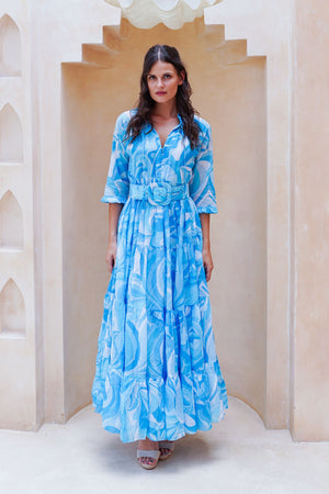 Eva Dress Crew Neck 3/4 Sleeve Maxi Length Cotton Musola (Pucciesque Graphic)