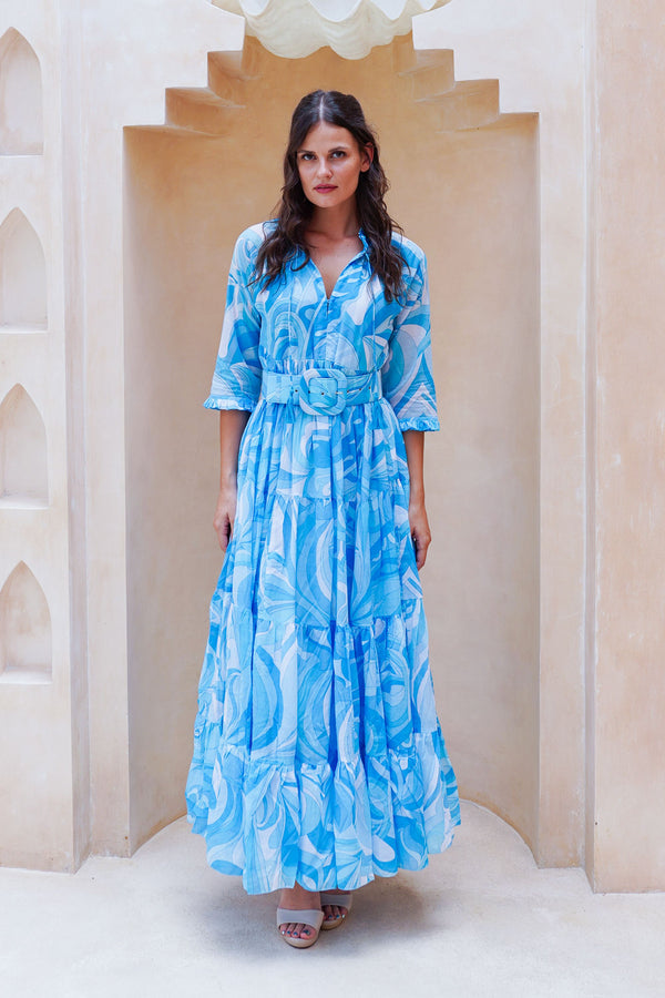 Eva Dress Crew Neck 3/4 Sleeve Maxi Length Cotton Musola (Pucciesque Graphic)