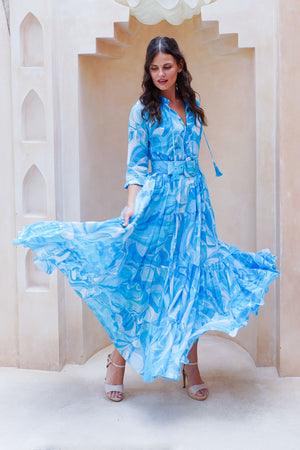 Eva Dress Crew Neck 3/4 Sleeve Maxi Length Cotton Musola (Pucciesque Graphic)