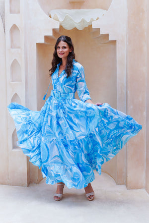 Eva Dress Crew Neck 3/4 Sleeve Maxi Length Cotton Musola (Pucciesque Graphic)