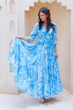 Eva Dress Crew Neck 3/4 Sleeve Maxi Length Cotton Musola (Pucciesque Graphic)