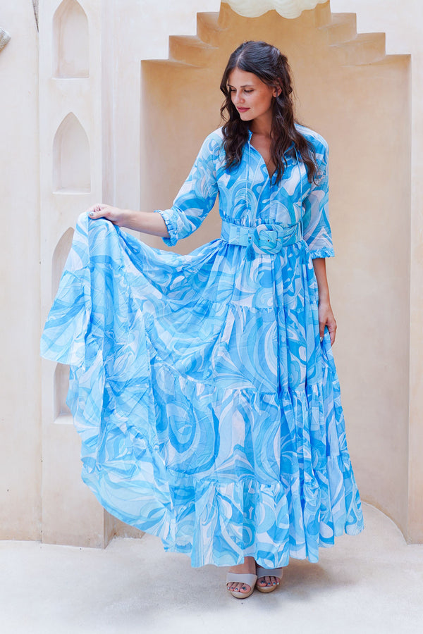 Eva Dress Crew Neck 3/4 Sleeve Maxi Length Cotton Musola (Pucciesque Graphic)