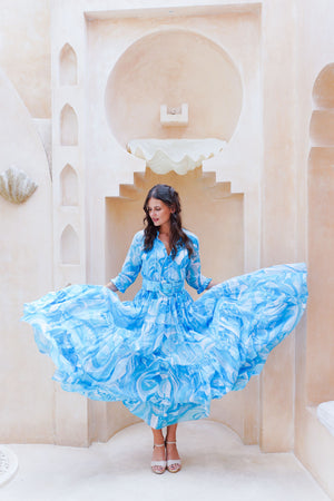 Eva Dress Crew Neck 3/4 Sleeve Maxi Length Cotton Musola (Pucciesque Graphic)