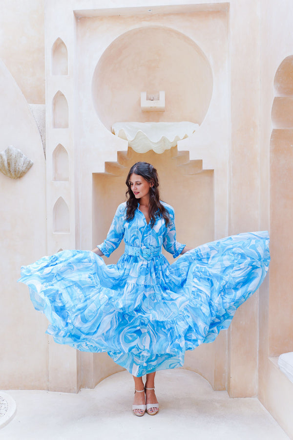 Eva Dress Crew Neck 3/4 Sleeve Maxi Length Cotton Musola (Pucciesque Graphic)