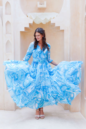 Eva Dress Crew Neck 3/4 Sleeve Maxi Length Cotton Musola (Pucciesque Graphic)