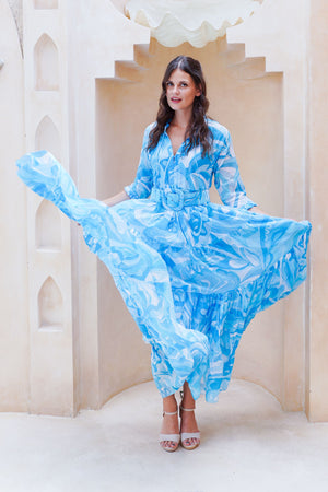 Eva Dress Crew Neck 3/4 Sleeve Maxi Length Cotton Musola (Pucciesque Graphic)