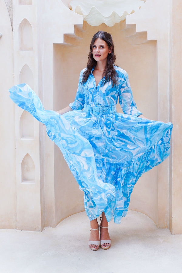 Eva Dress Crew Neck 3/4 Sleeve Maxi Length Cotton Musola (Pucciesque Graphic)