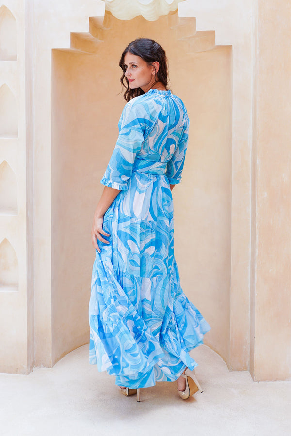 Eva Dress Crew Neck 3/4 Sleeve Maxi Length Cotton Musola (Pucciesque Graphic)