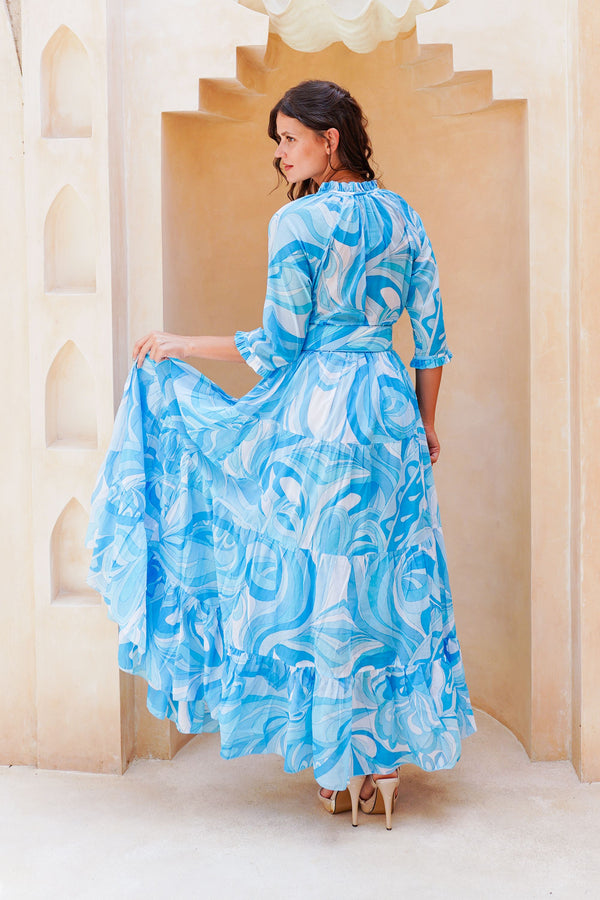 Eva Dress Crew Neck 3/4 Sleeve Maxi Length Cotton Musola (Pucciesque Graphic)