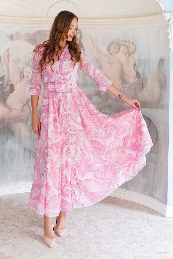 Aster Dress Shirt Collar 3/4 Sleeve Maxi Length Cotton Musola (Pucciesque Graphic)